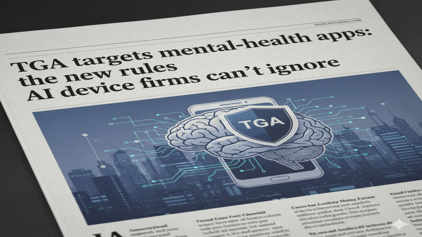 Visual representation of Australia’s TGA announcement on digital mental health app regulations, showing a brain and smartphone linked by circuitry under the headline about AI device compliance.