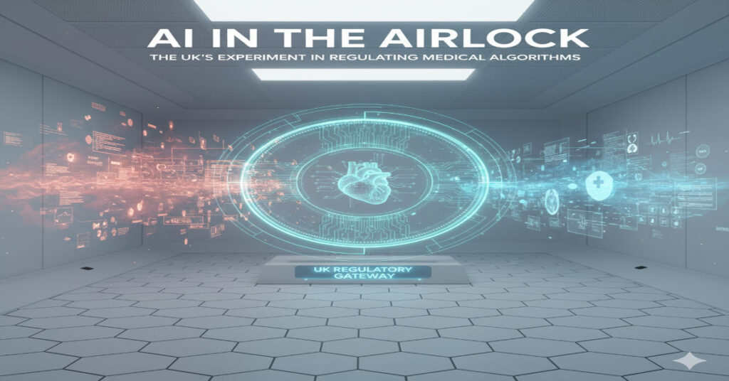 A visual representation of the UK’s AI Airlock sandbox program regulating medical algorithms, highlighting NHS and MHRA collaboration with pilot participants like Philips and AutoMedica