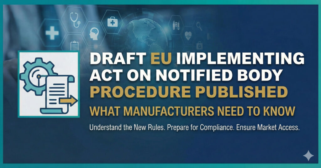 Illustration of the new EU Implementing Act on Notified Body Procedure with timelines, cost transparency, and re-certification rules.