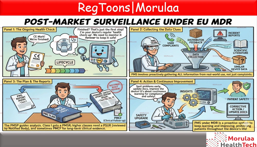 The Post-Market Surveillance process under EU MDR, including PMS plans, PMSR, PSUR, and PMCF