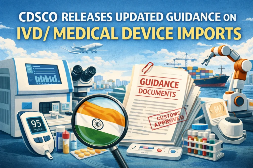 Flowchart showing CDSCO IVD import process via MD Online and NSWS portals.