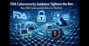 An interconnected medical device showing data security boundaries and cloud connectivity.